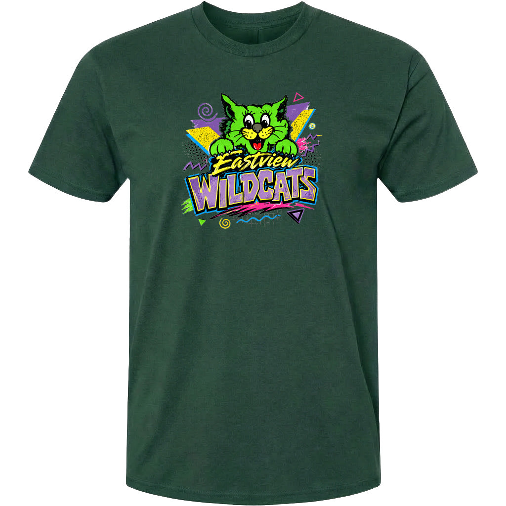 A green t-shirt with a colorful graphic design featuring a cartoon cat and the text "Eastview Wildcats".
