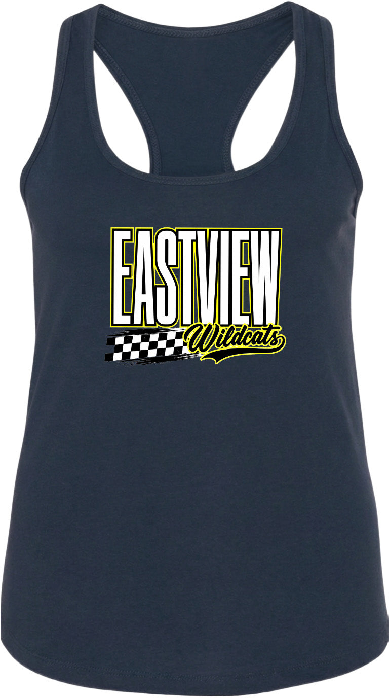 A navy blue tank top with a graphic design featuring the text "EASTVIEW Wildcats" in yellow and black.
