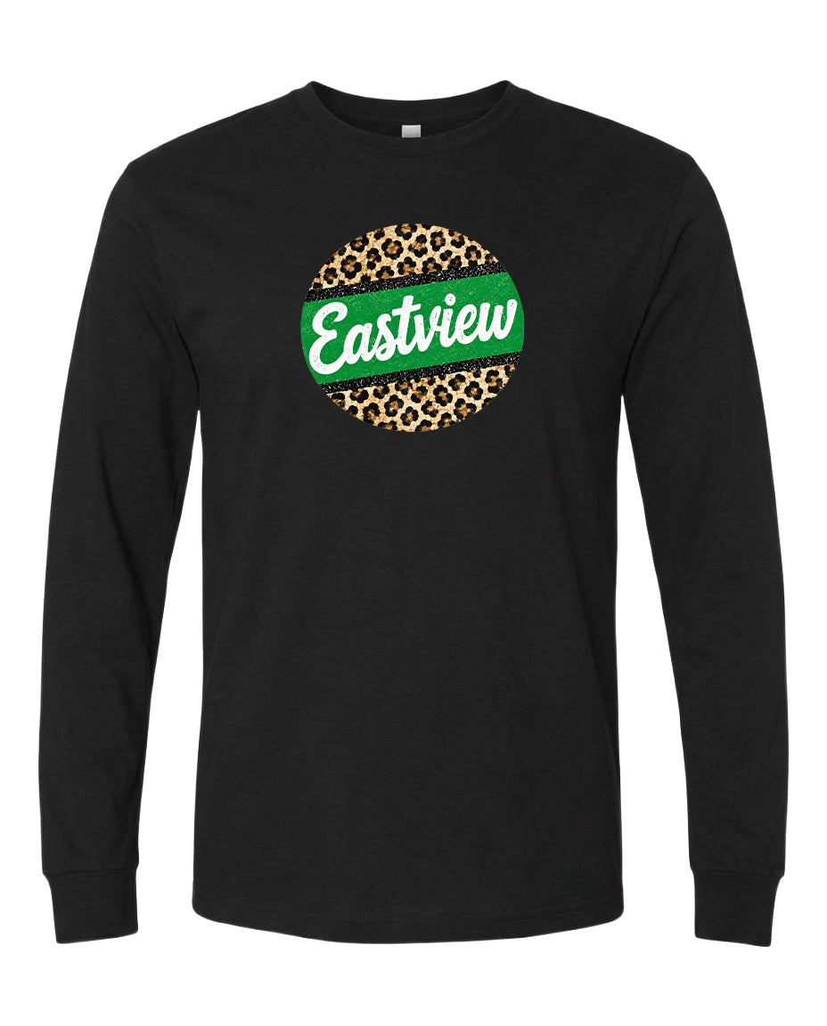 A black long-sleeved t-shirt with a green and leopard print circular logo on the front.