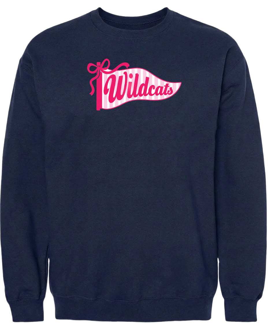 A navy blue sweatshirt with a pink and white banner design that says "Wildcats".