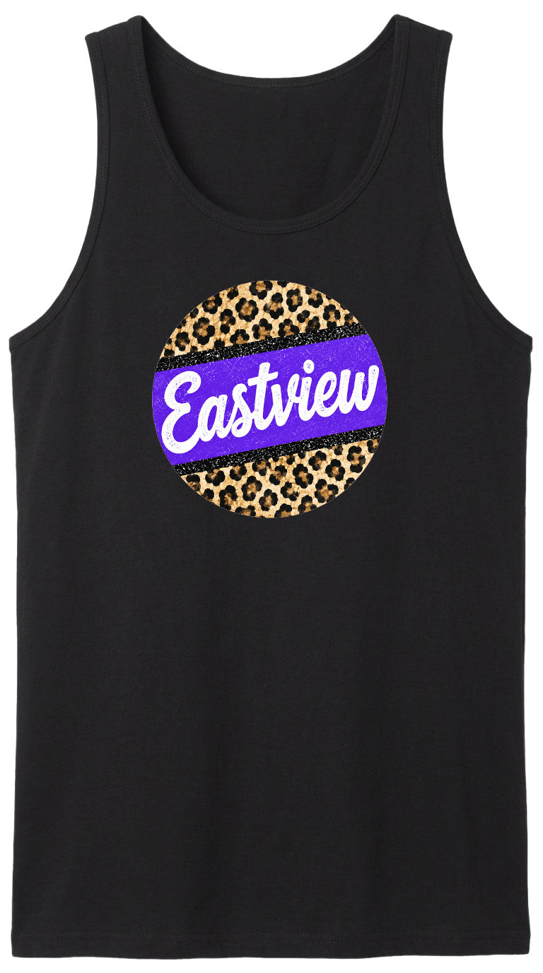 A black tank top with a purple and leopard print circular logo on it.