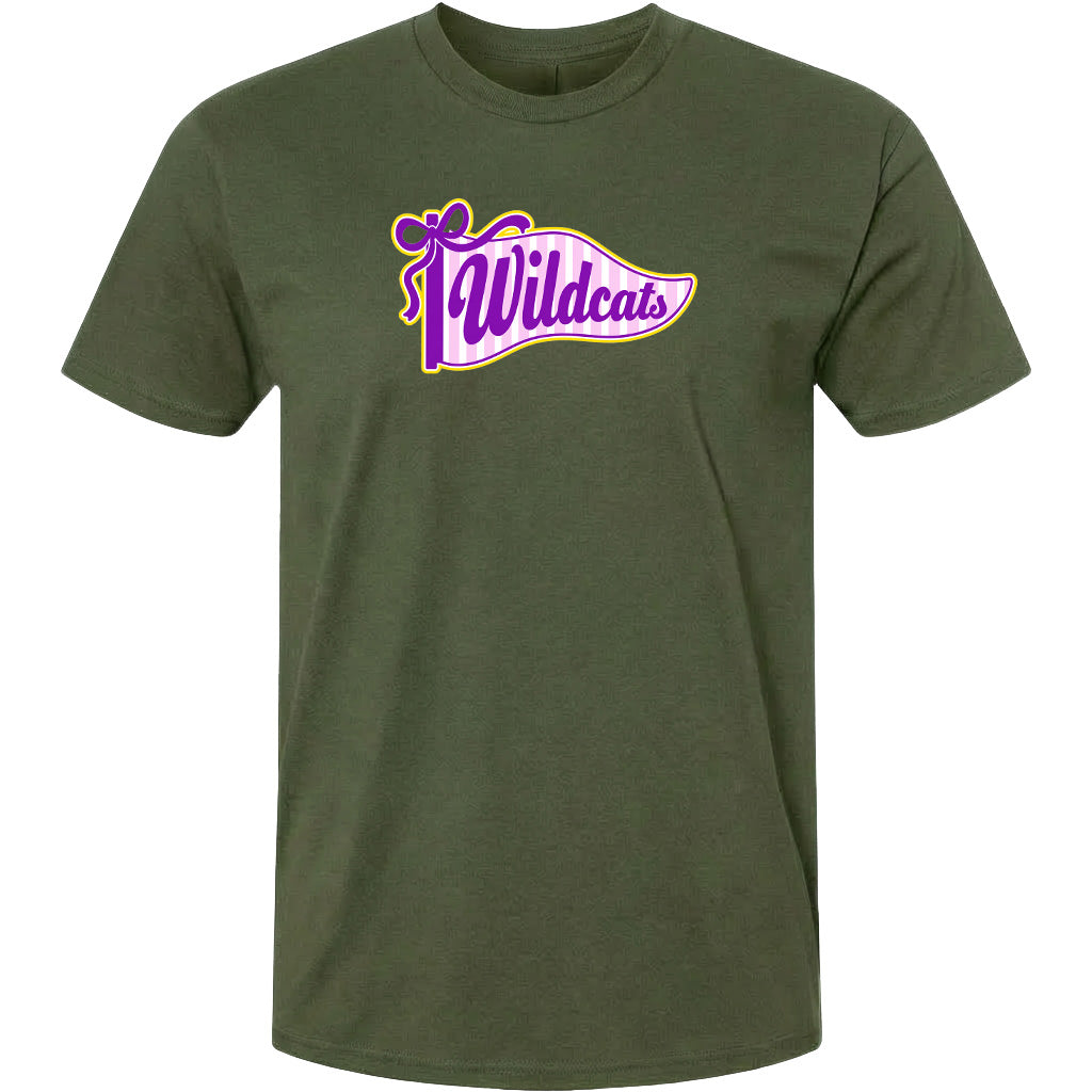 A green t-shirt with a purple and yellow graphic design featuring the text "Wildcats" on it.