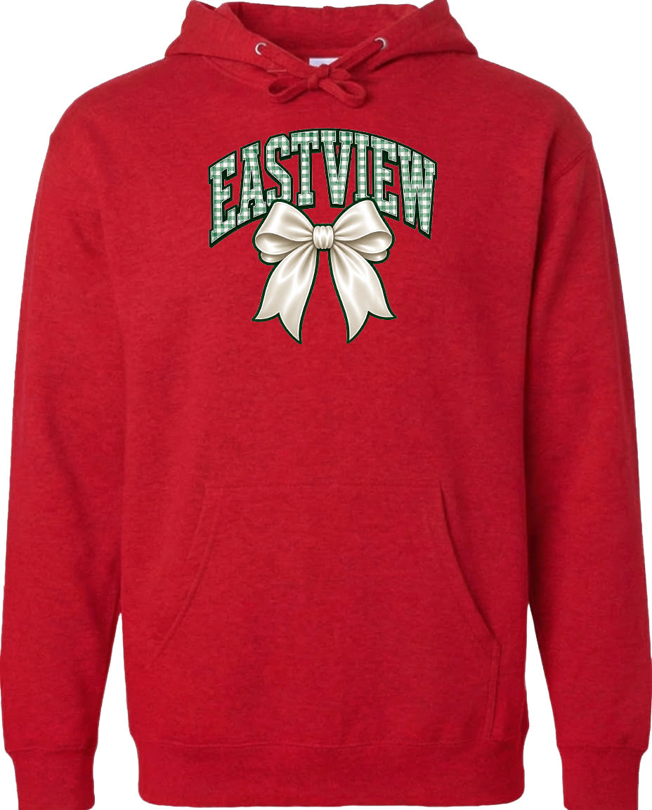 A red hoodie with a graphic design featuring a white bow and the word "EASTVIEW" printed on it.
