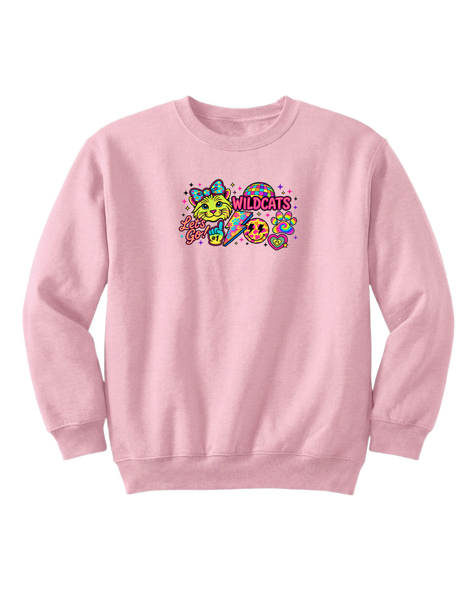 A pink sweatshirt with a colorful graphic design featuring cartoon-style characters and text.