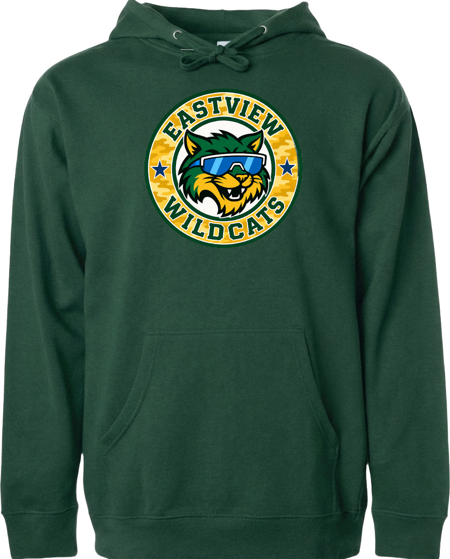 A green hoodie with a graphic of a cat wearing sunglasses and the text "EASTVIEW WILDCATS" printed on it.