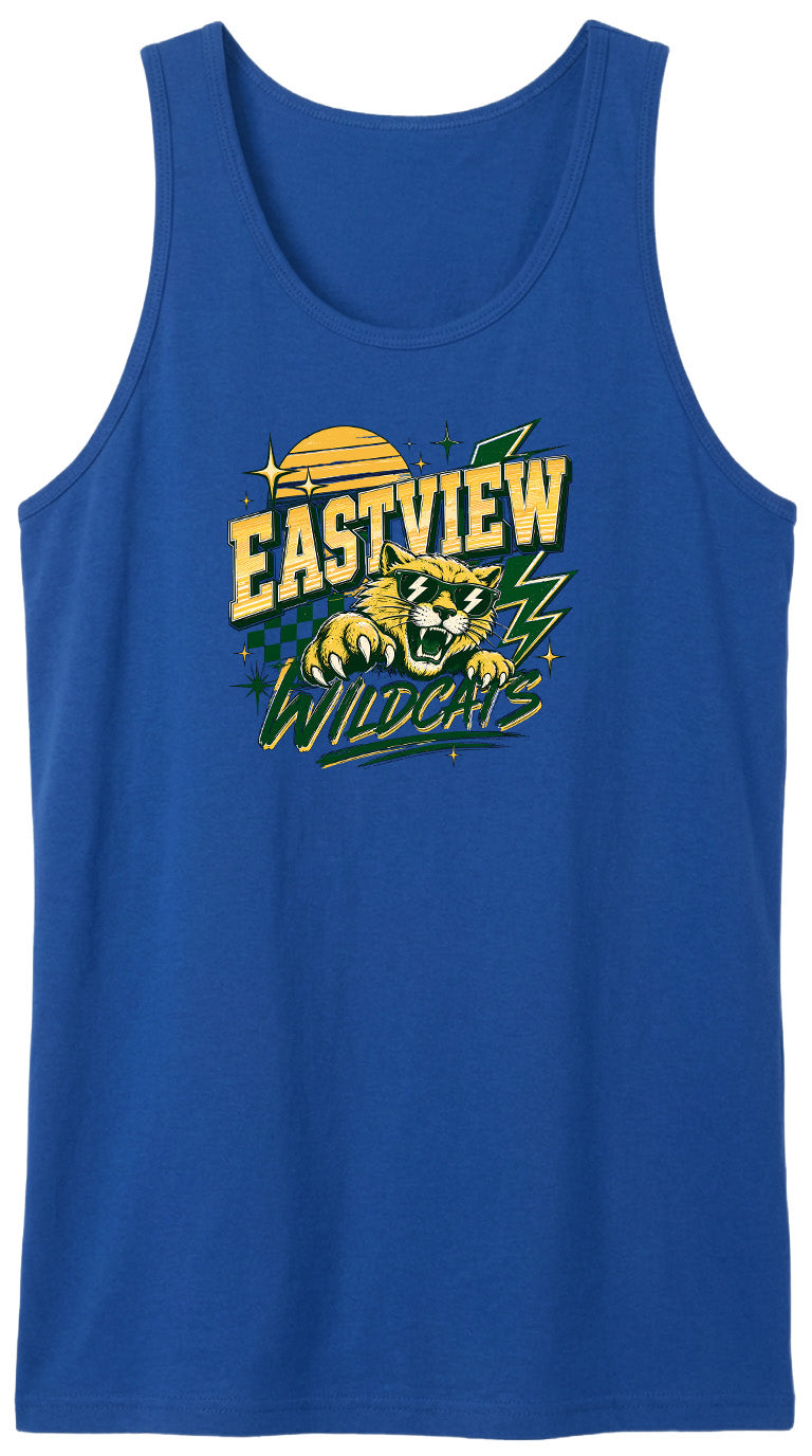 A blue tank top with a graphic design featuring a cat and the text "EASTVIEW WILDCATS" printed on it.