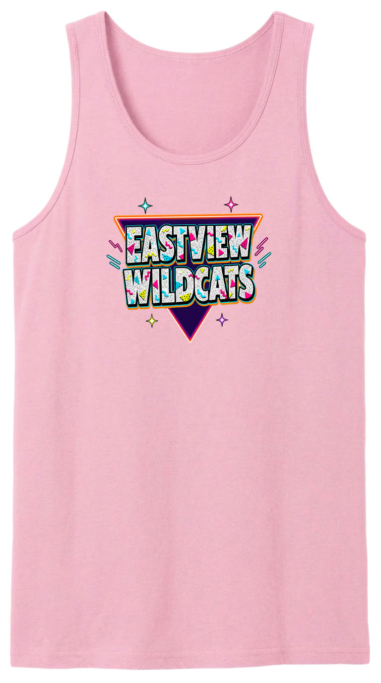 A pink tank top with a graphic design featuring the text "EASTVIEW WILDCATS" in a retro style.