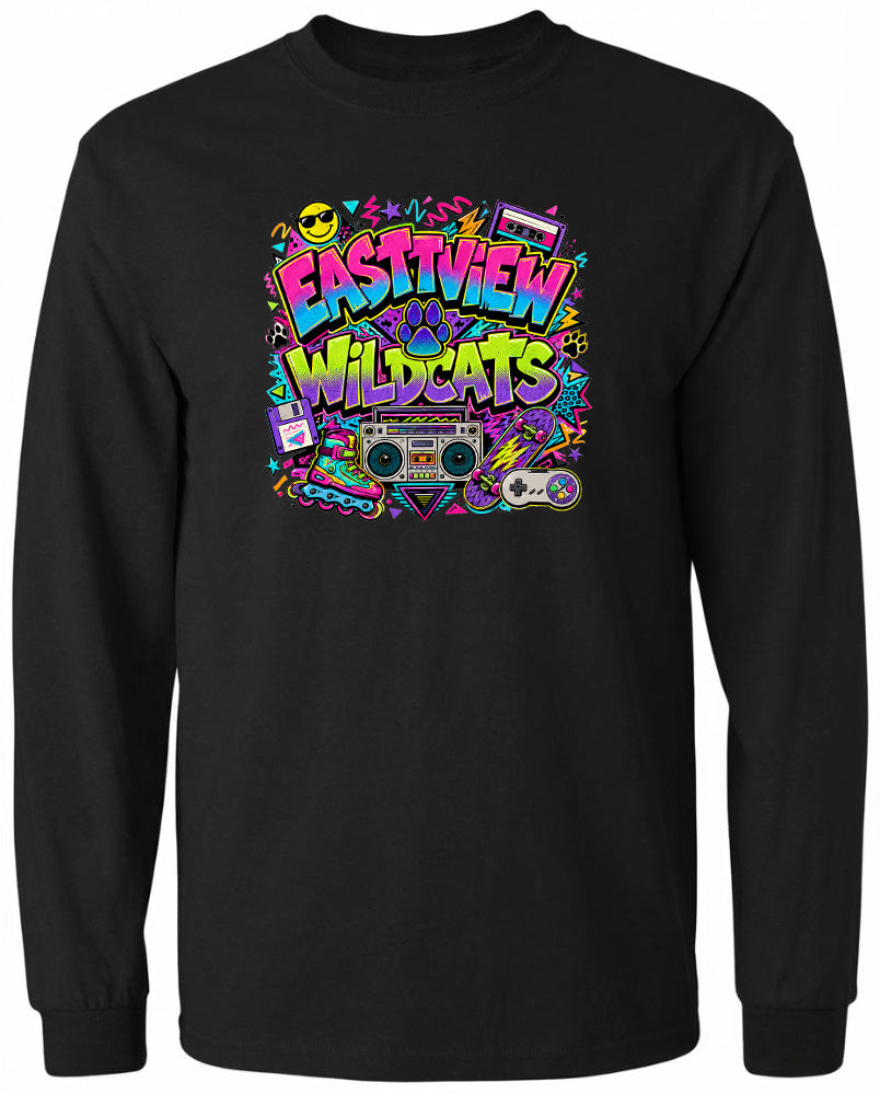 A black long-sleeved t-shirt with a colorful graphic design featuring a boombox, a guitar, and various other elements, along with the text "EASTVIEW WILDCATS".