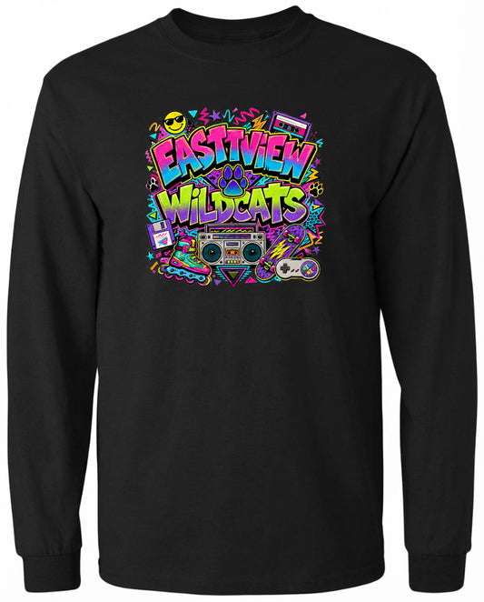 A black long-sleeved t-shirt with a colorful graphic design featuring a boombox, a guitar, and various other elements, along with the text "EASTVIEW WILDCATS".