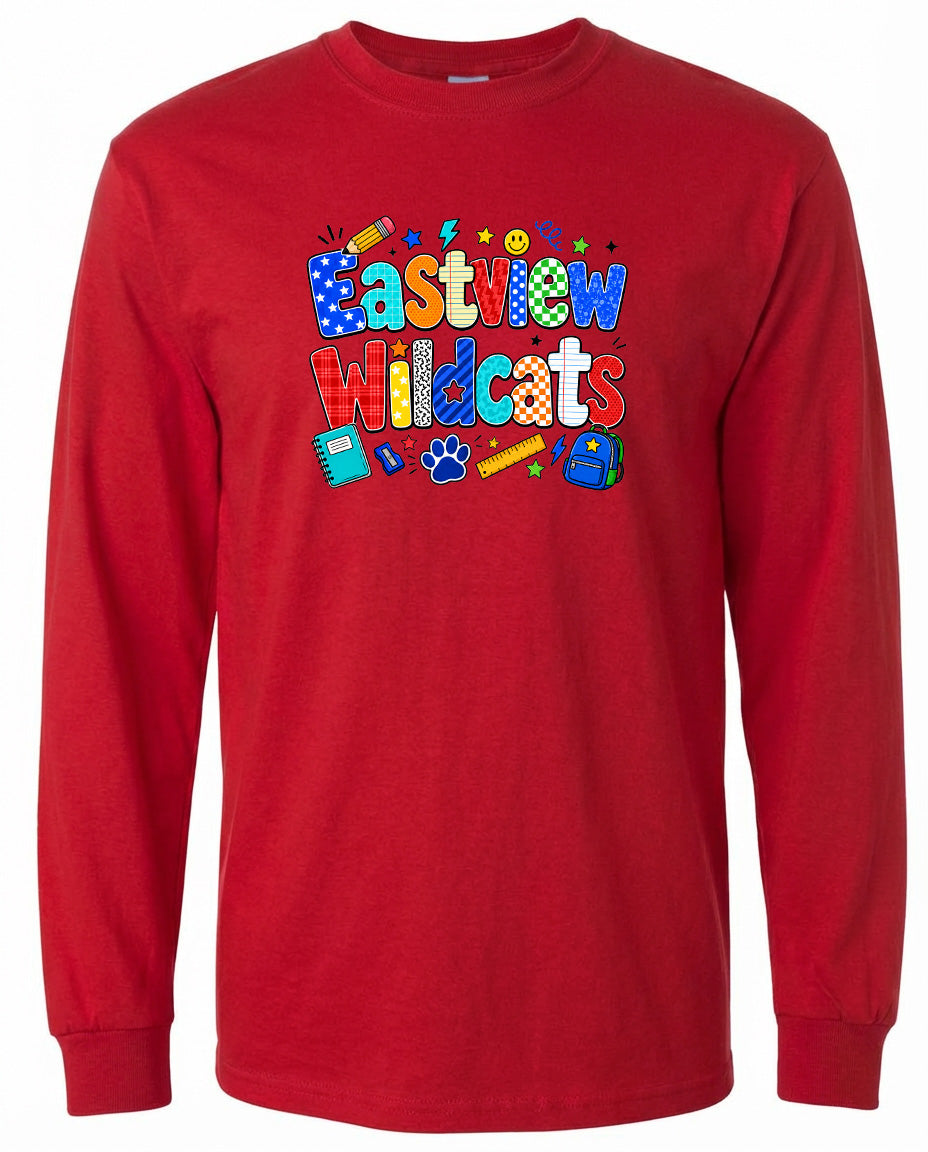 A red long-sleeved t-shirt with a colorful graphic design featuring the text "Eastview Wildcats" and various school-related icons such as a backpack, pencil, and book.