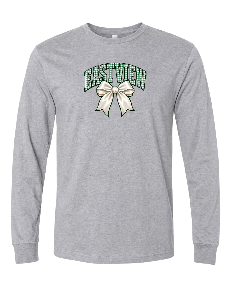 A gray long-sleeved t-shirt with a graphic design on the front.