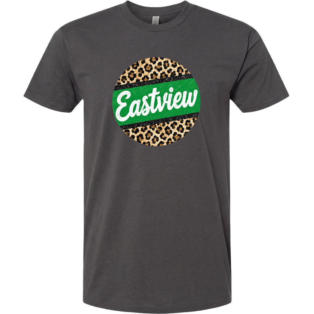 A gray t-shirt with a circular graphic design featuring a leopard print pattern and the word "Eastview" written in white text.