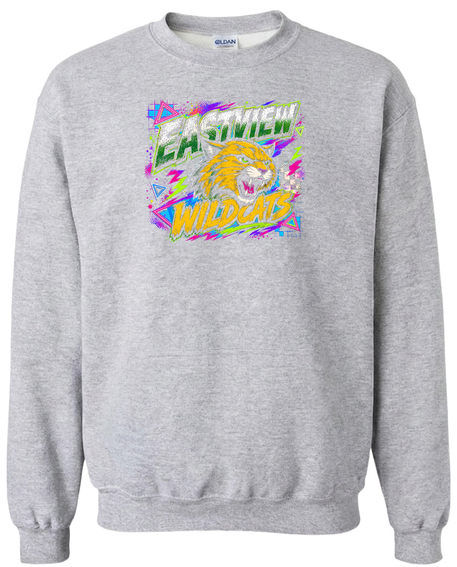 A gray sweatshirt with a graphic design featuring a yellow and orange wildcat's head surrounded by colorful, abstract shapes and text.