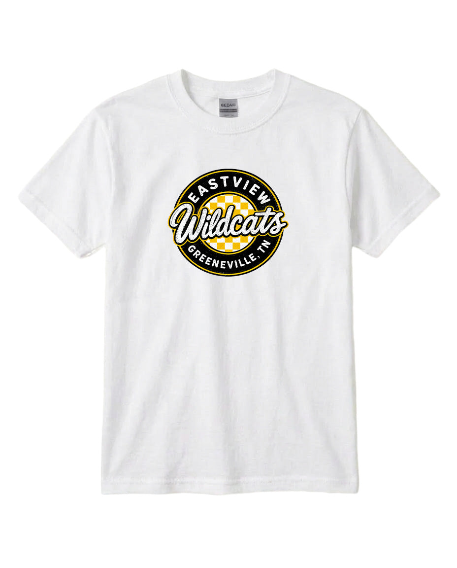 A white t-shirt with a circular logo that says "EASTVIEW WILDCATS GREENENVILLE, TENN."