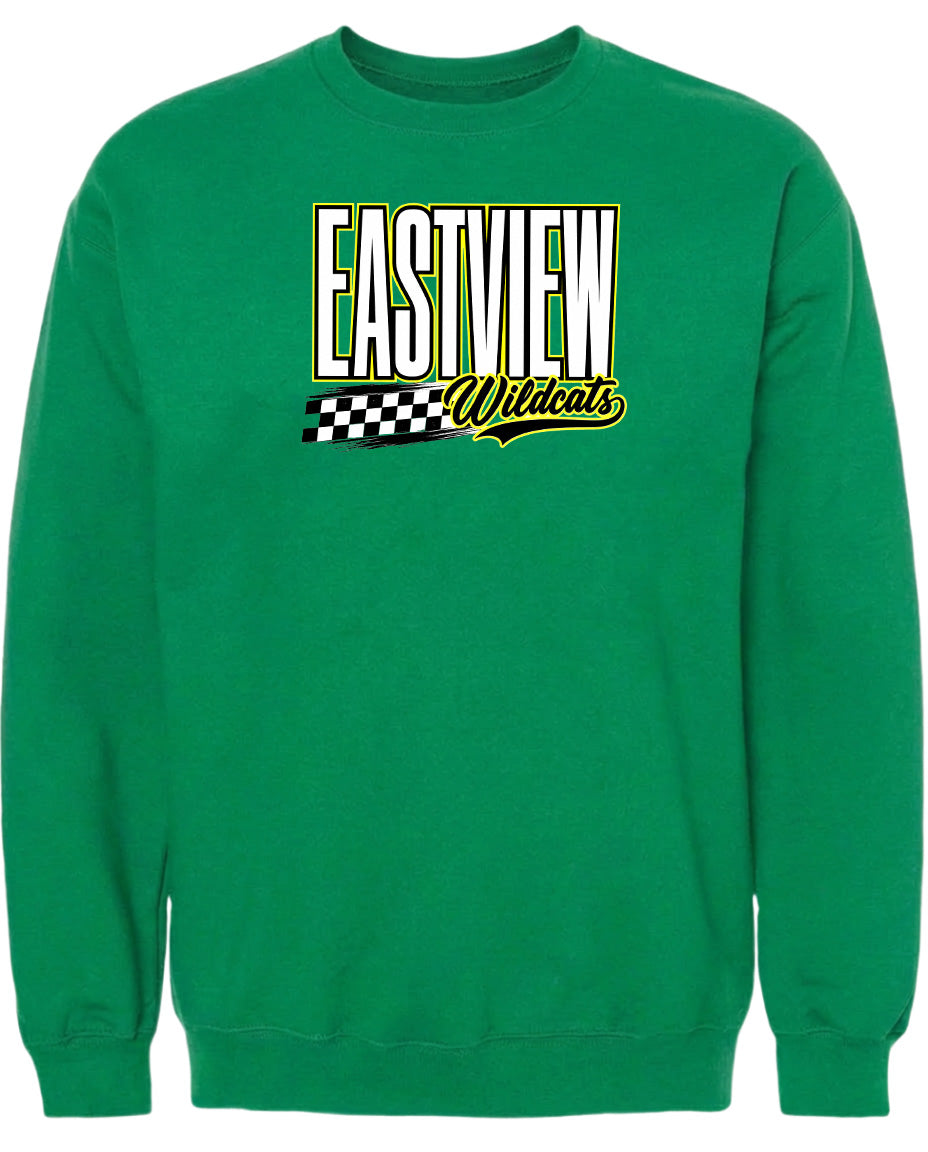 A bright green sweatshirt with a graphic design featuring the text "EASTVIEW Wildcats" in bold, yellow and white letters.