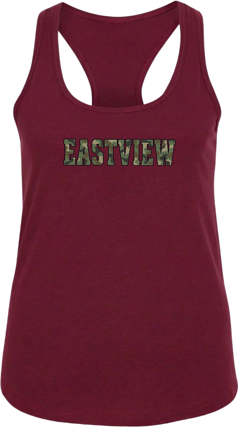 A burgundy tank top with the word "EASTVIEW" printed on it in a camouflage pattern.