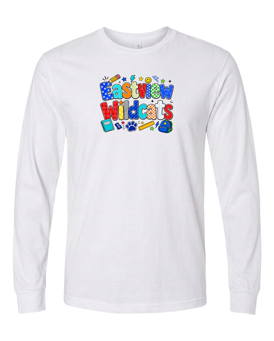 A white long-sleeved t-shirt with a colorful graphic design featuring the text "Eastview Wildcats" in a playful font.
