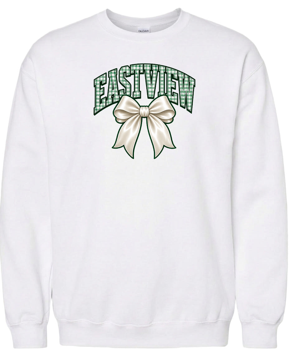 A white sweatshirt with a graphic design featuring a bow and the word "EASTVIEW" printed on it.