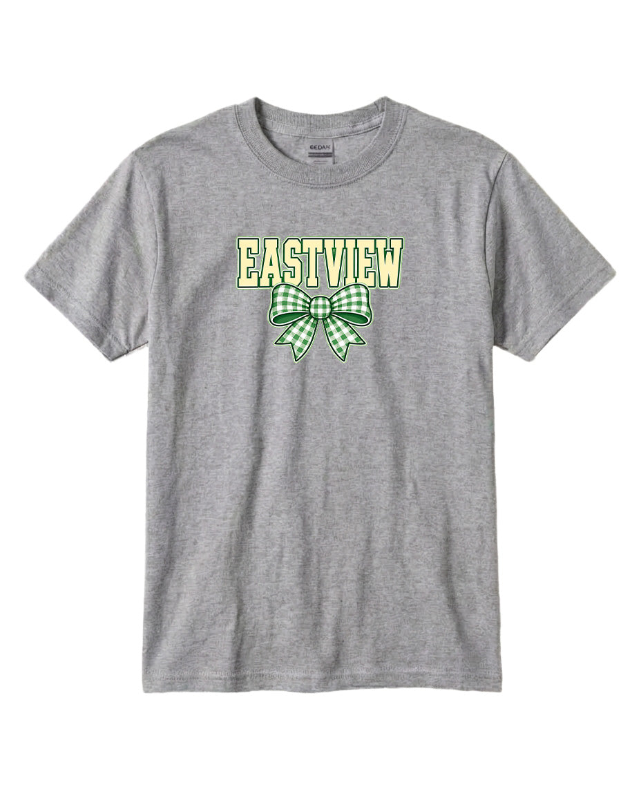 A gray t-shirt with a green and white bow graphic and the word "EASTVIEW" printed on it.