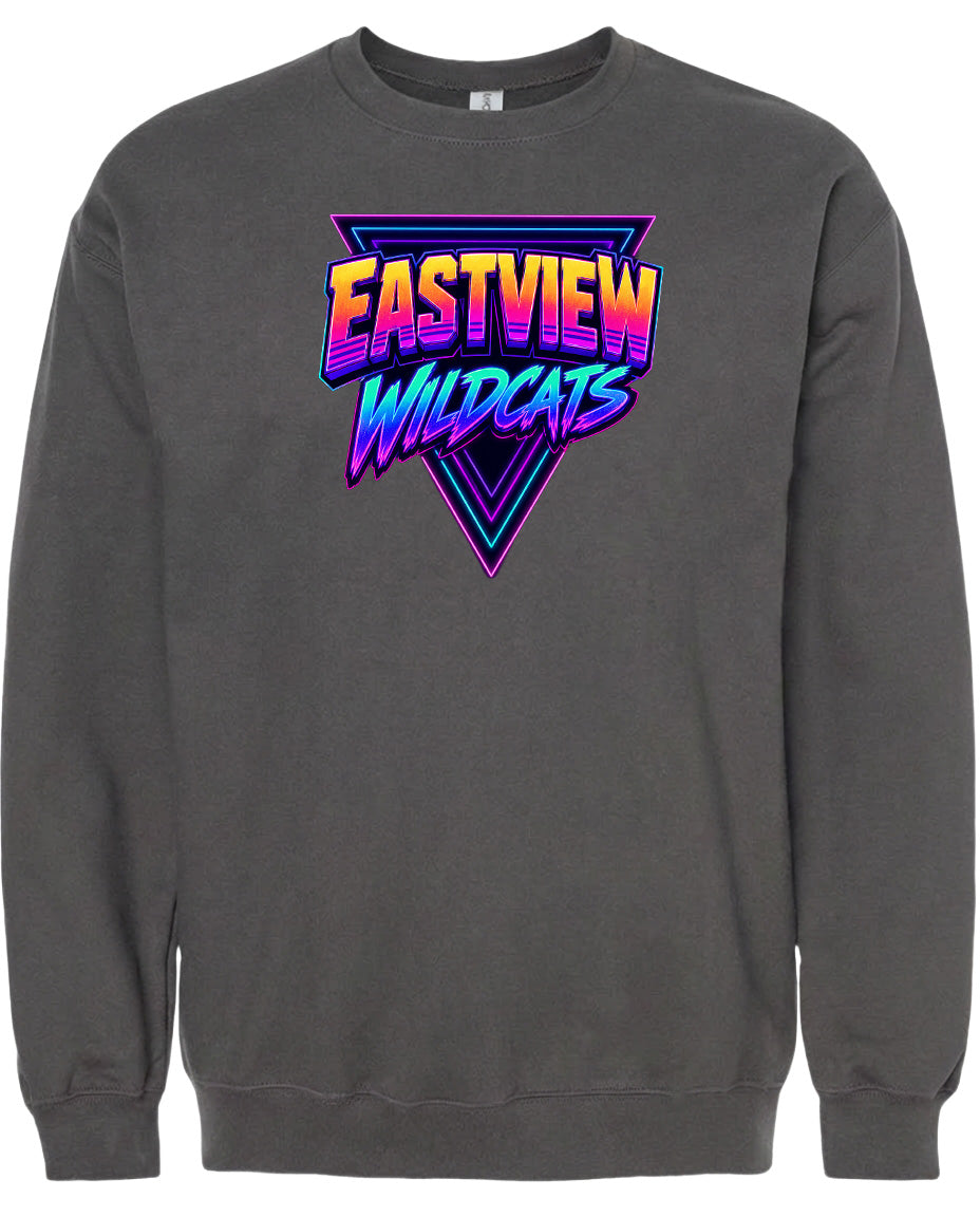 A gray sweatshirt with a graphic design featuring the text "EASTVIEW WILDCATS" in a colorful, retro-style font.