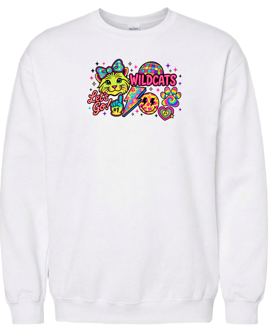 A white sweatshirt with a colorful graphic design featuring a cat, a rainbow, and various other elements.