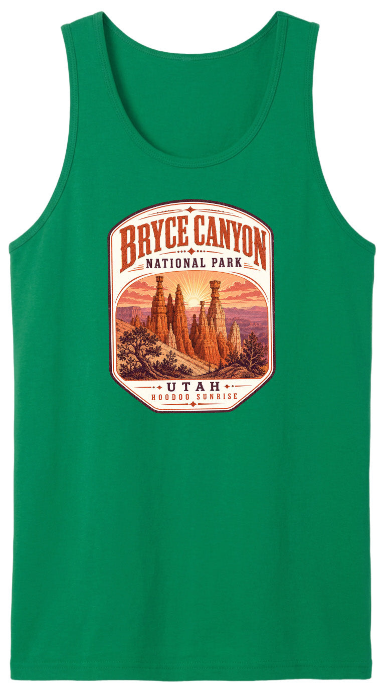 A green tank top with a graphic design depicting Bryce Canyon National Park and Utah.