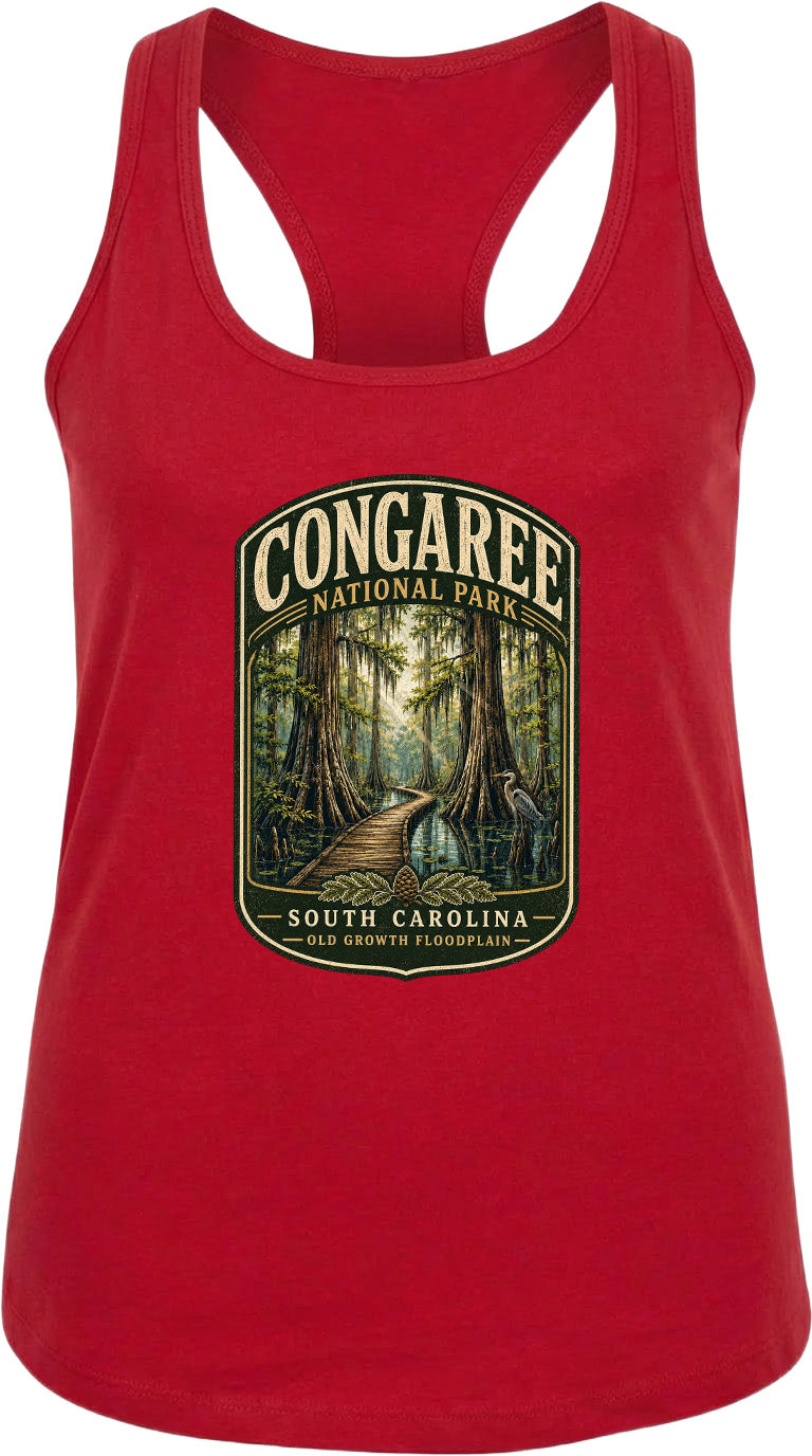 A red tank top with a graphic design depicting a forest scene, specifically the Congaree National Park in South Carolina.