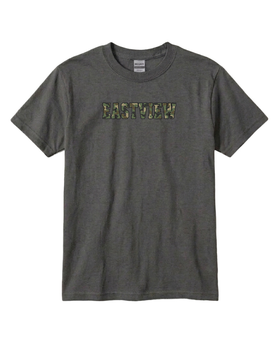 A gray t-shirt with the word "EASTVIEW" printed on it in a camouflage pattern.