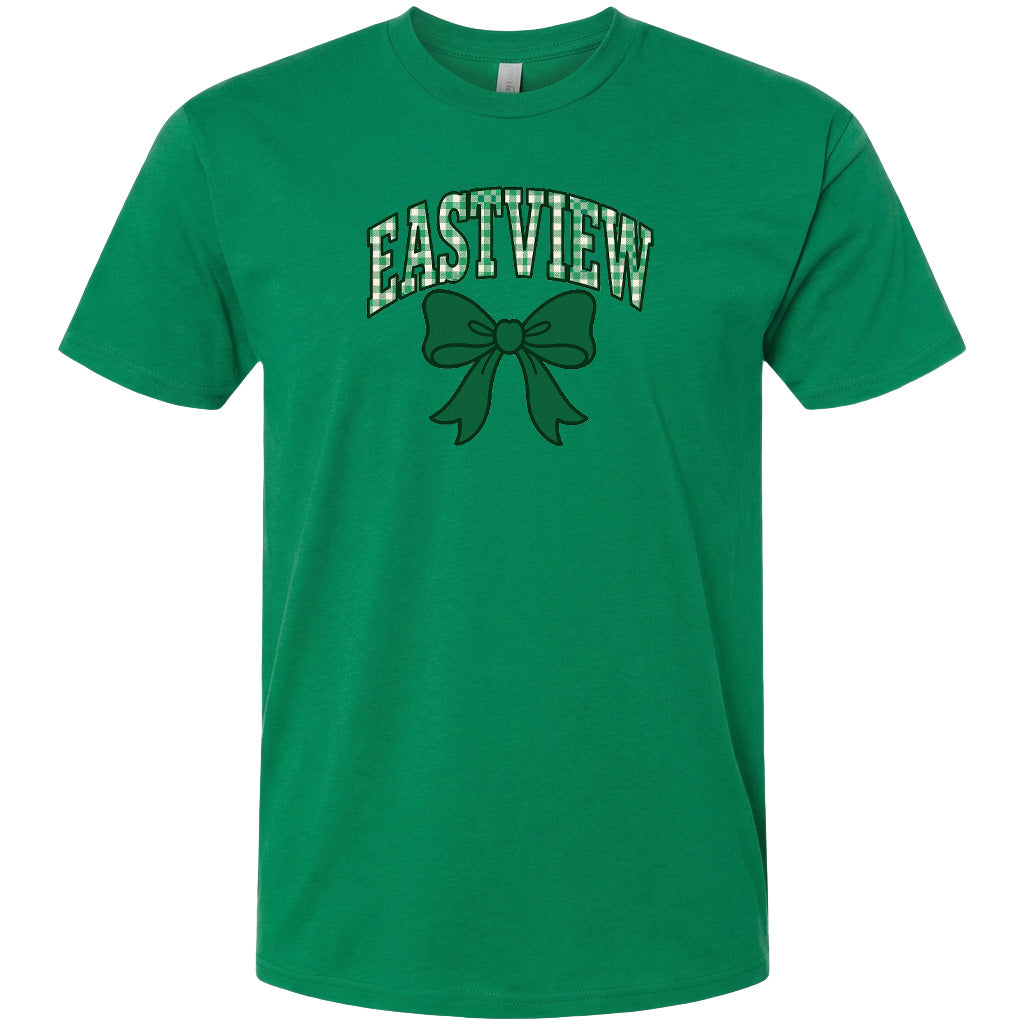A green t-shirt with a bow and the word "EASTVIEW" printed on it.