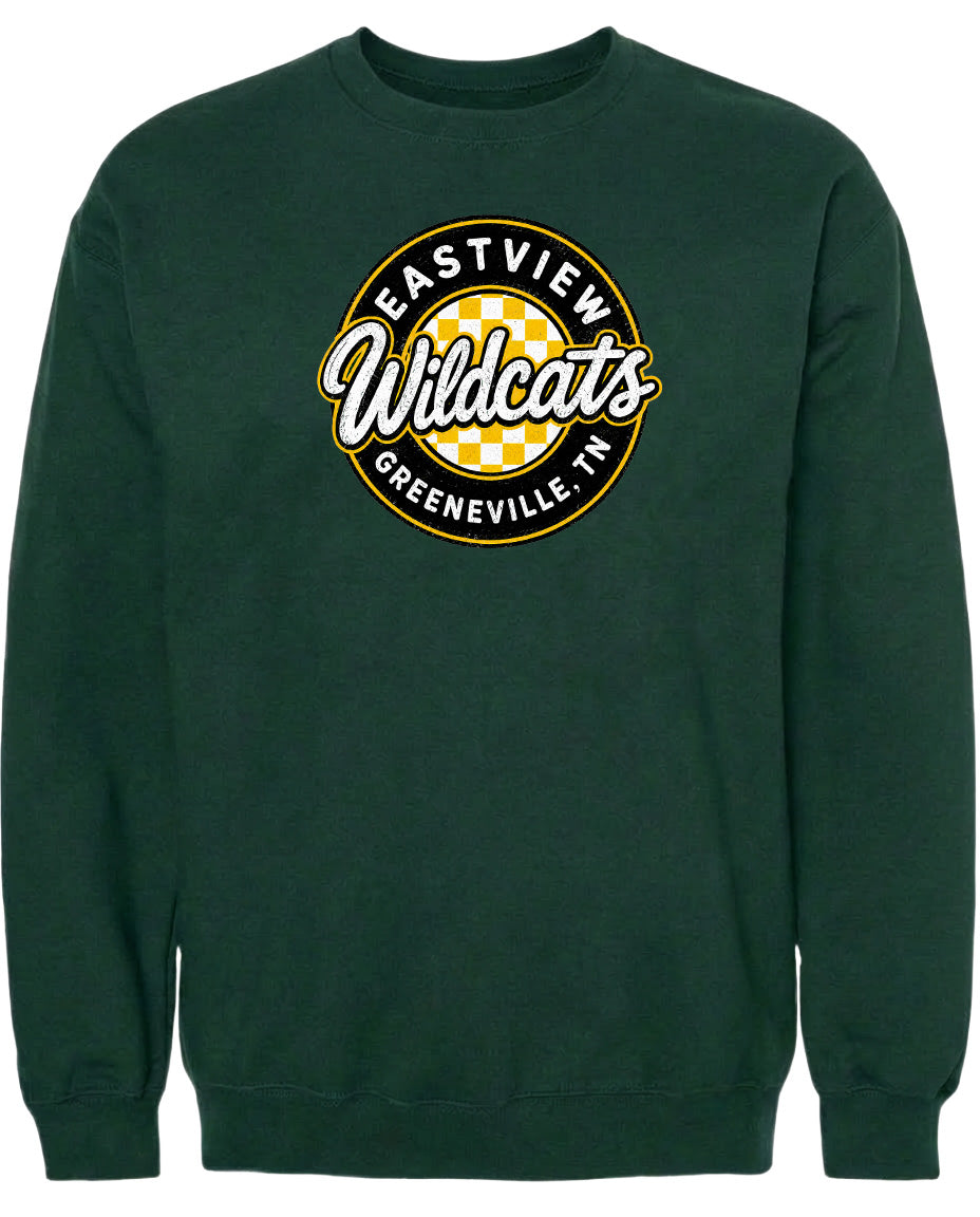 A dark green sweatshirt with a circular logo on the front.