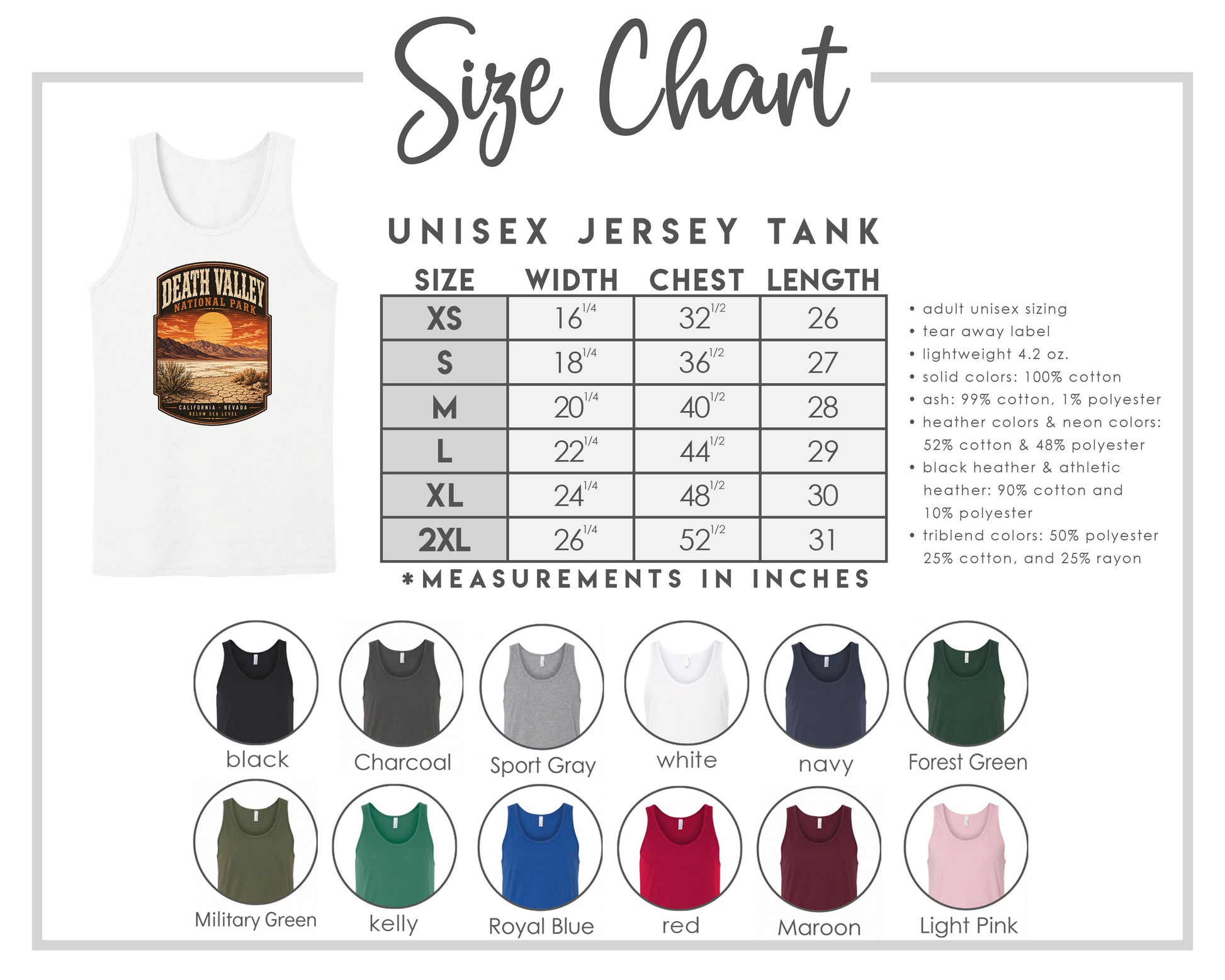 The image is a size chart for a unisex jersey tank, providing measurements for chest length, waist, and hip width. It includes a variety of tank colors and styles, such as black, charcoal, sport gray, navy, forest green, and more.