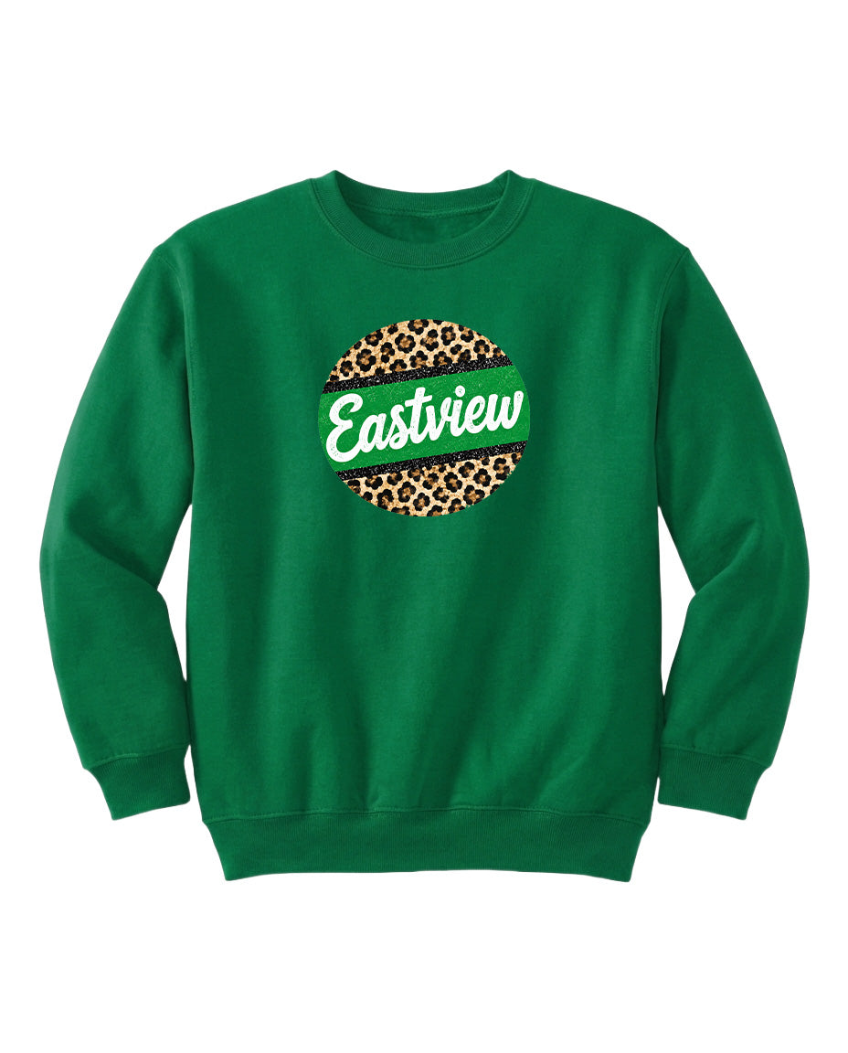 A green sweatshirt with a leopard print design and the word "Eastview" printed on it.