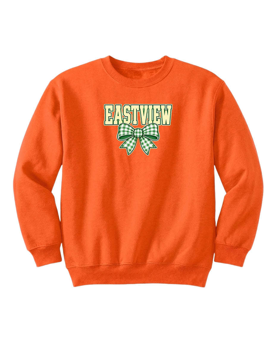 An orange sweatshirt with the text "EASTVIEW" and a green bow on the front.