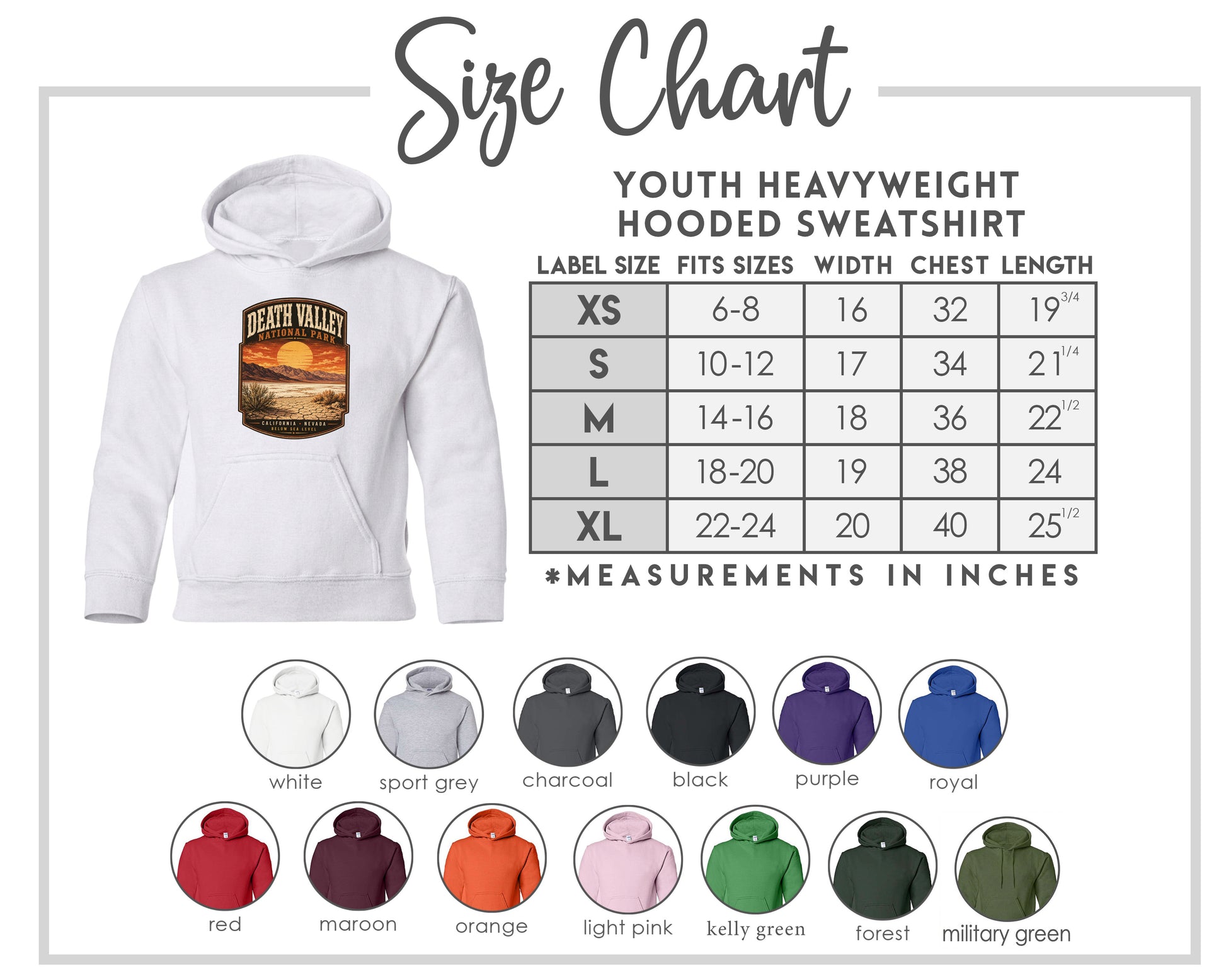 The image is a size chart for a youth heavyweight hooded sweatshirt. It includes a labeled hooded sweatshirt and a table with measurements for different sizes.