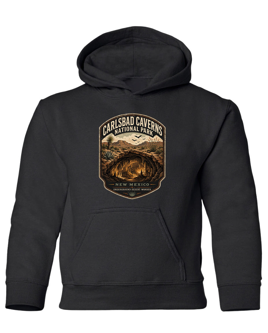 A black hoodie with a graphic design depicting the Carlsbad Caverns National Park in New Mexico.
