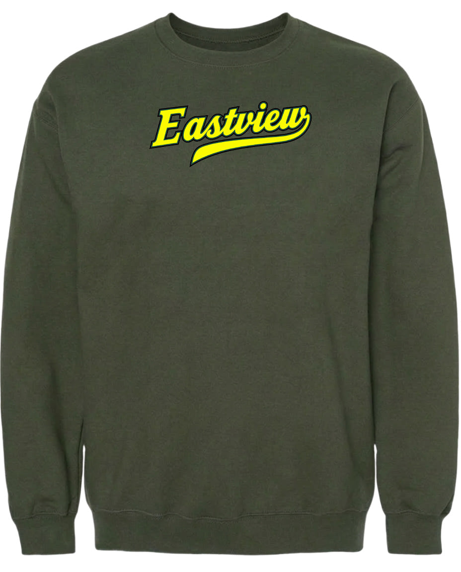 A dark green sweatshirt with a yellow text logo on the front.