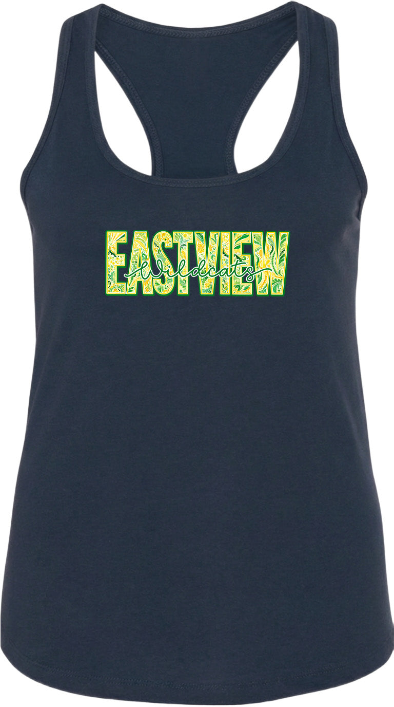 A navy blue tank top with the word "EASTVIEW" printed in yellow letters.