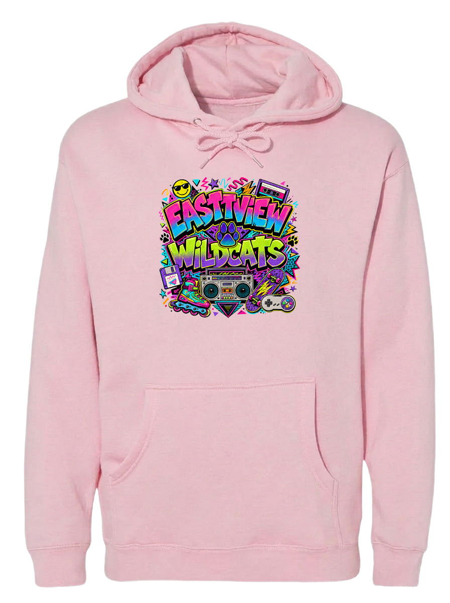 A pink hoodie with a graphic design featuring a boombox surrounded by various colorful and stylized elements, including a rainbow, a peace sign, and a retro-style camera.