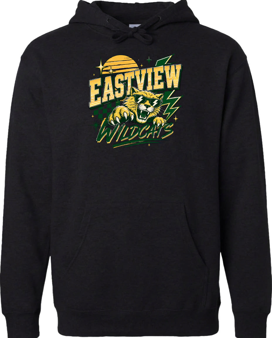 A black hoodie with a graphic design featuring a tiger and the text "EASTVIEW WILDCATS" printed on it.