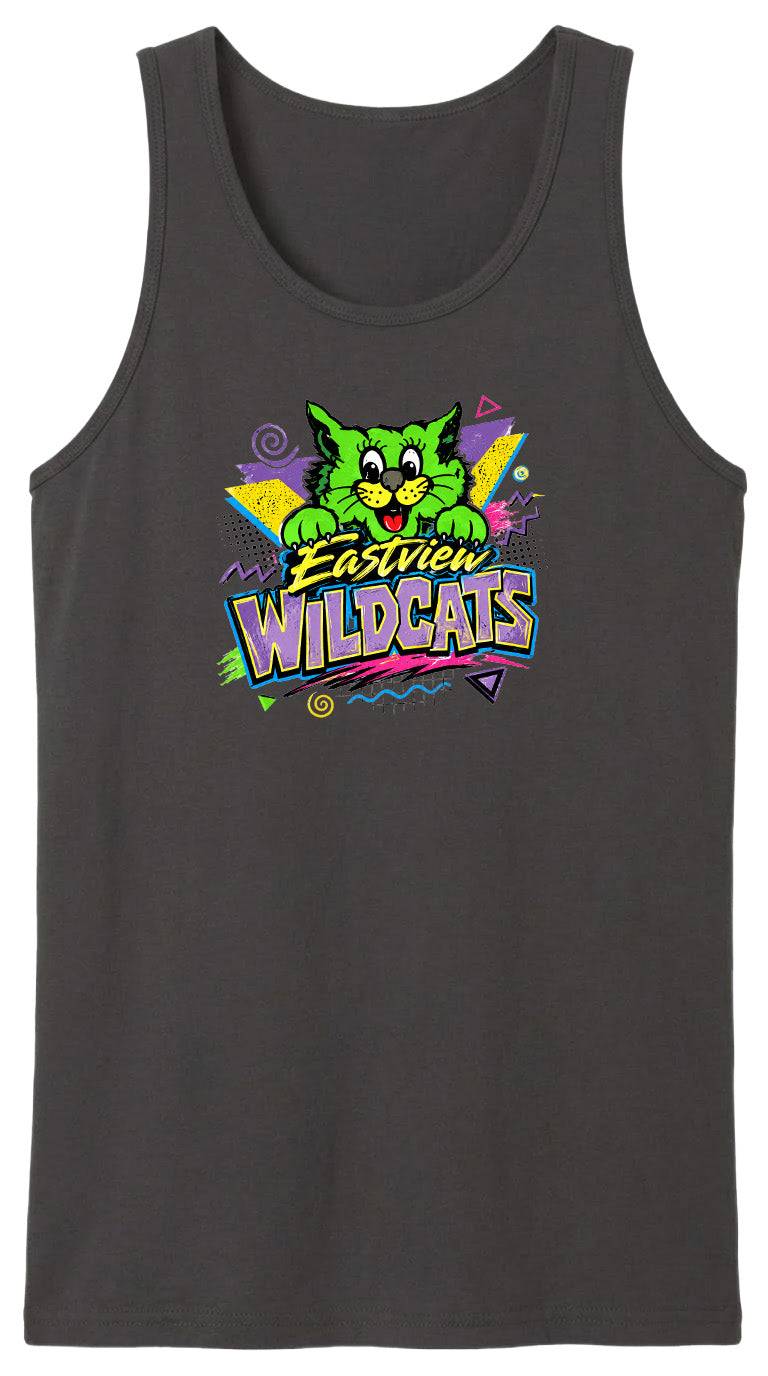 A black tank top with a colorful graphic design featuring a cartoon cat and the text "Wildcats" in a stylized font.