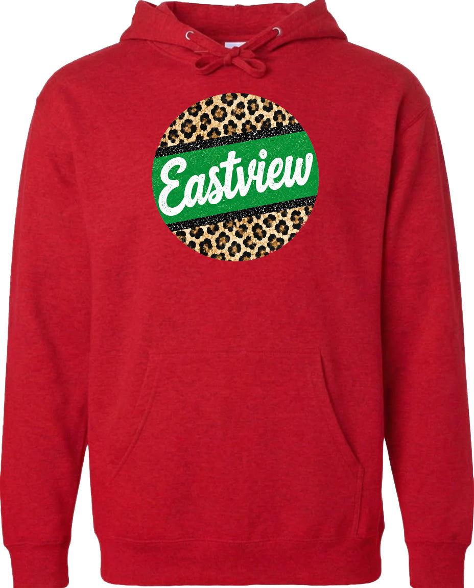 A red hoodie with a leopard print design and the word "Eastview" printed on it.