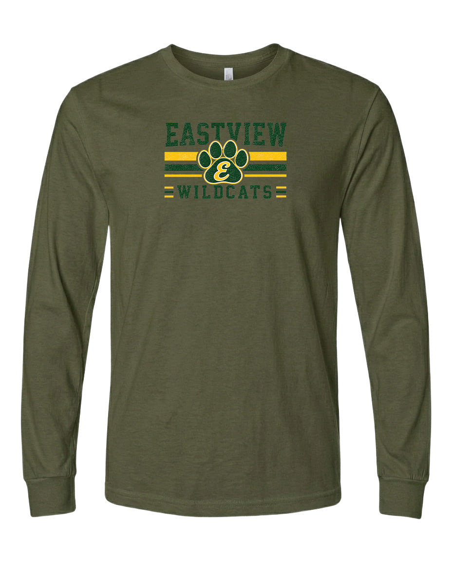 A long-sleeved olive green t-shirt with a graphic design featuring a paw print and the text "EASTVIEW WILDCATS" printed on it.
