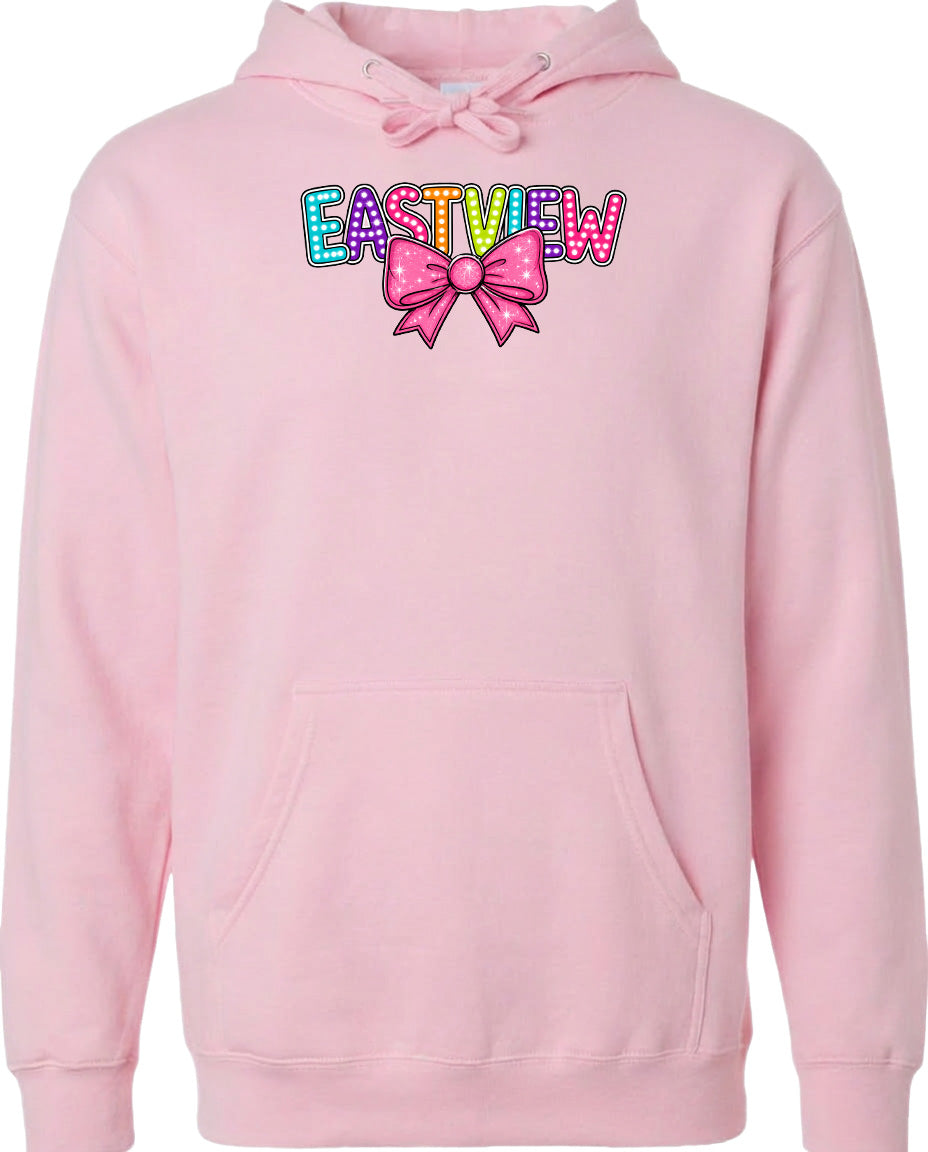 A pink hoodie with a colorful bow and the word "EASTVIEW" printed on it.