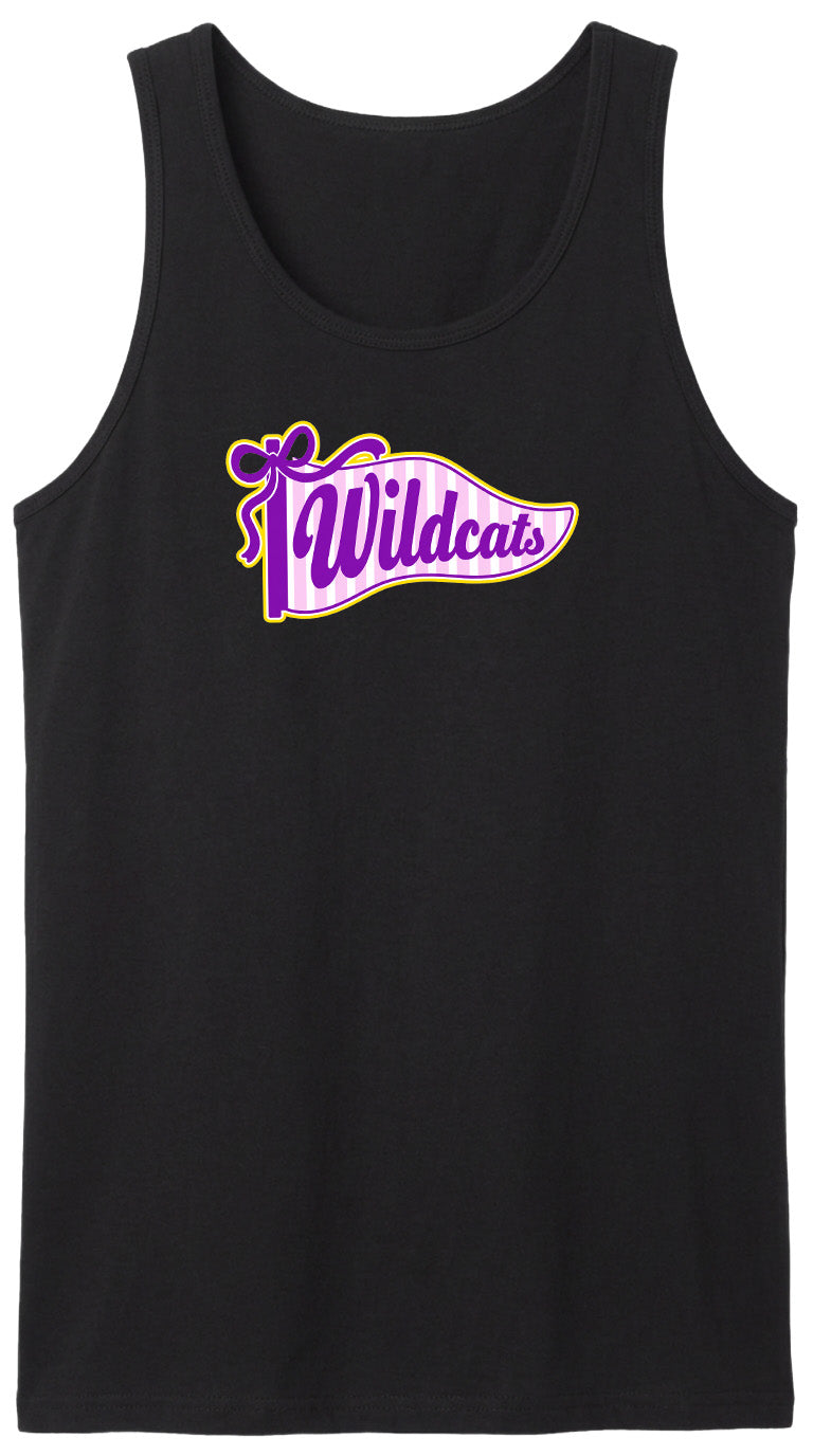 A black tank top with a purple and yellow graphic design featuring the text "Wildcats" on it.