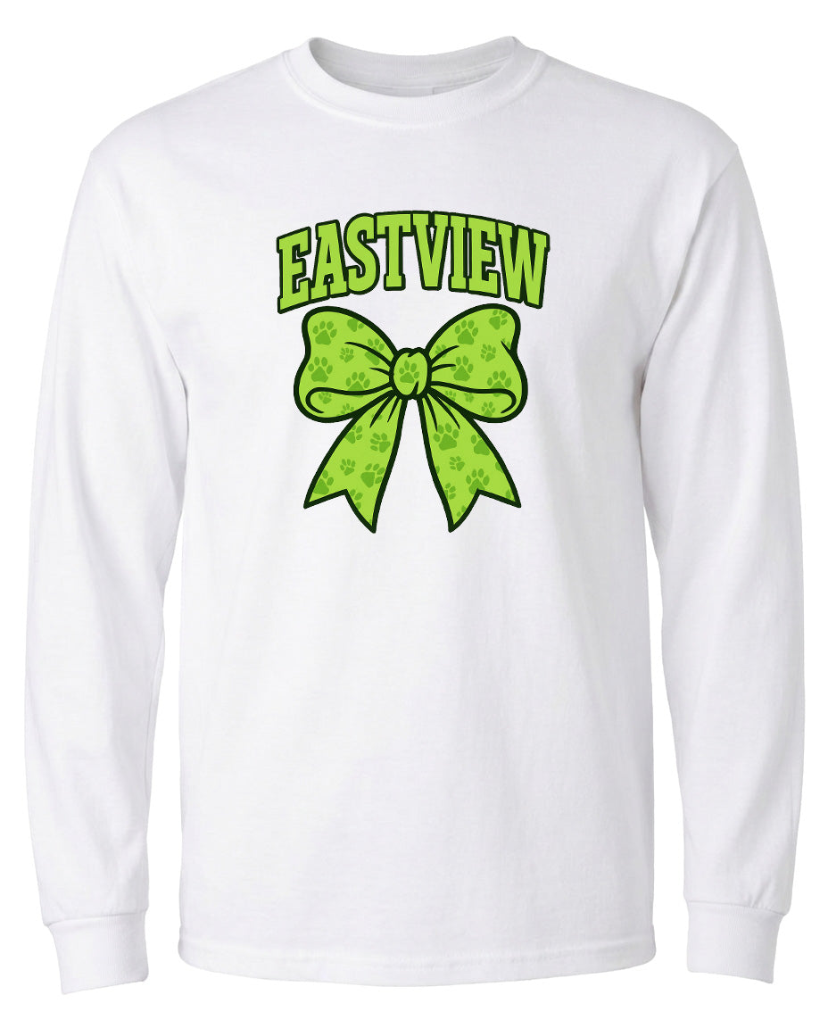 A white long-sleeved t-shirt with a green bow and the word "EASTVIEW" printed on it.