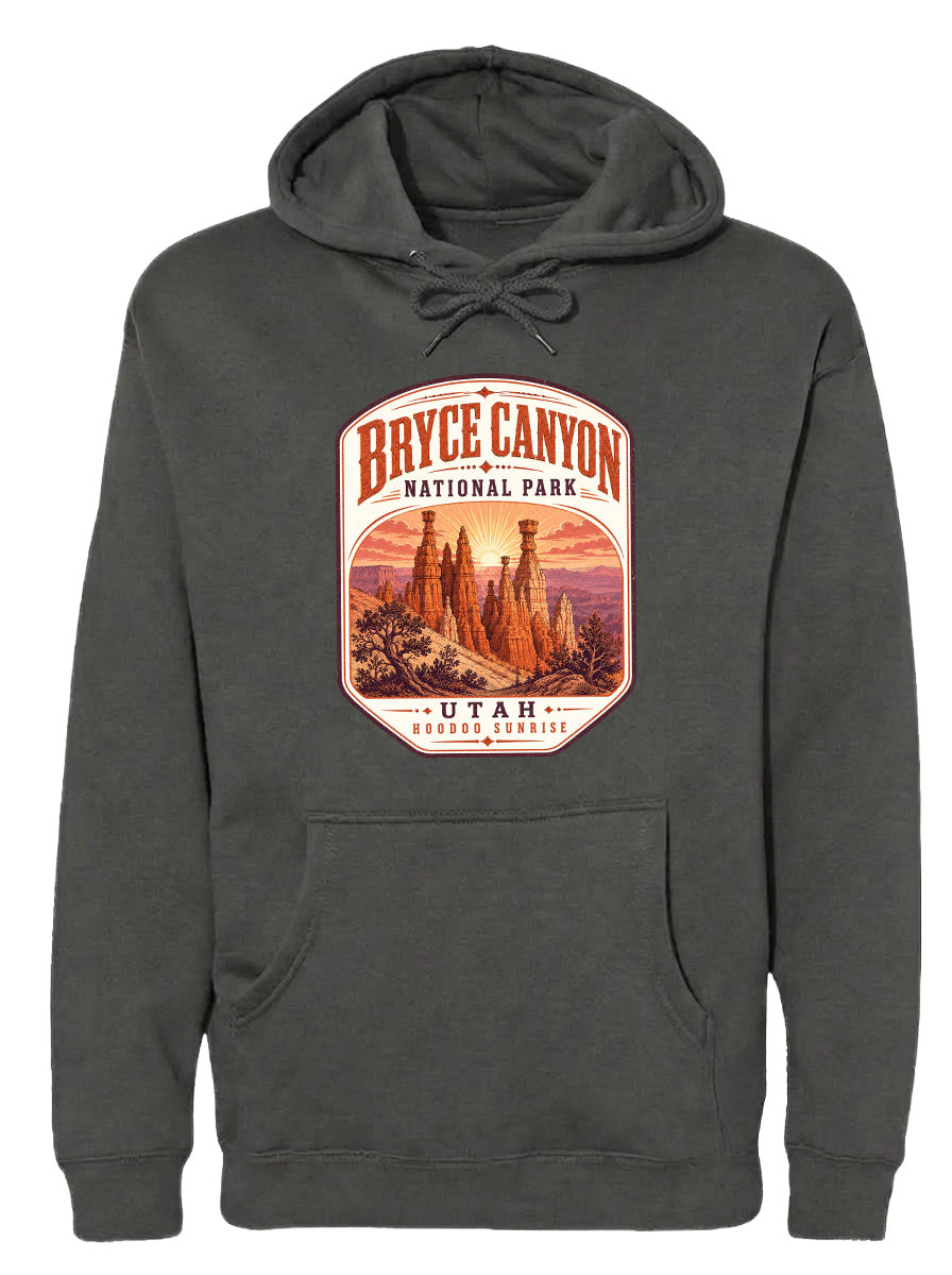 A gray hoodie with a graphic design depicting Bryce Canyon National Park and Utah.