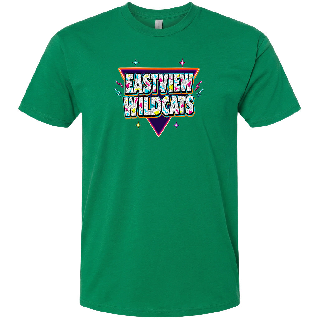 A green t-shirt with a colorful graphic design featuring the text "EASTVIEW WILDCATS" in a stylized font.
