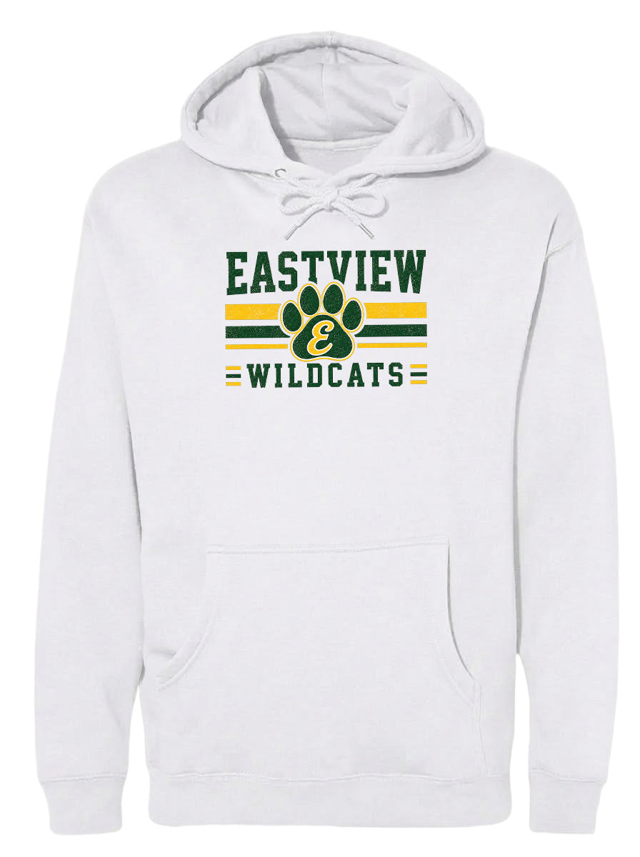 A white hoodie with a graphic design featuring the text "EASTVIEW WILDCATS" and a paw print logo.