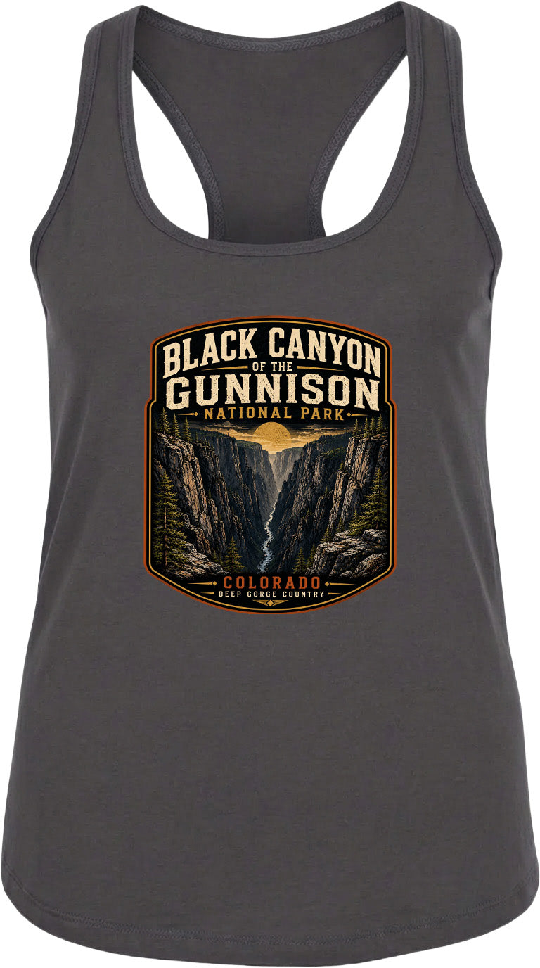 A gray tank top with a graphic design depicting the Black Canyon of the Gunnison National Park in Colorado.