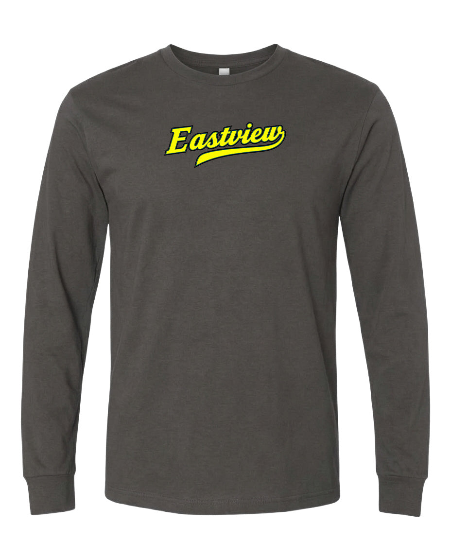 A gray long-sleeved t-shirt with the word "Eastview" printed in yellow on the front.